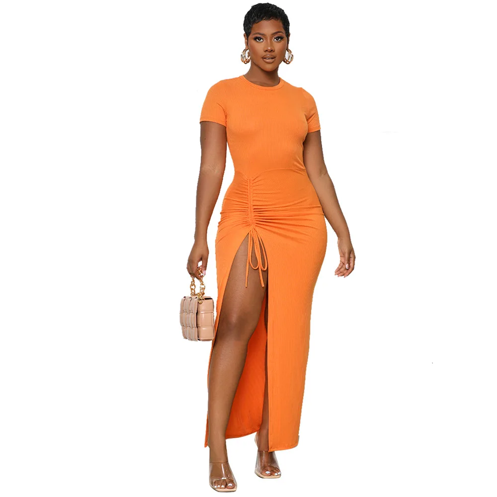 

Long African Maxi Dress Women O Neck Drawstring Split Robes Summer New Fashion Solid Elegant Elegant Sexy African Dress Vestidos