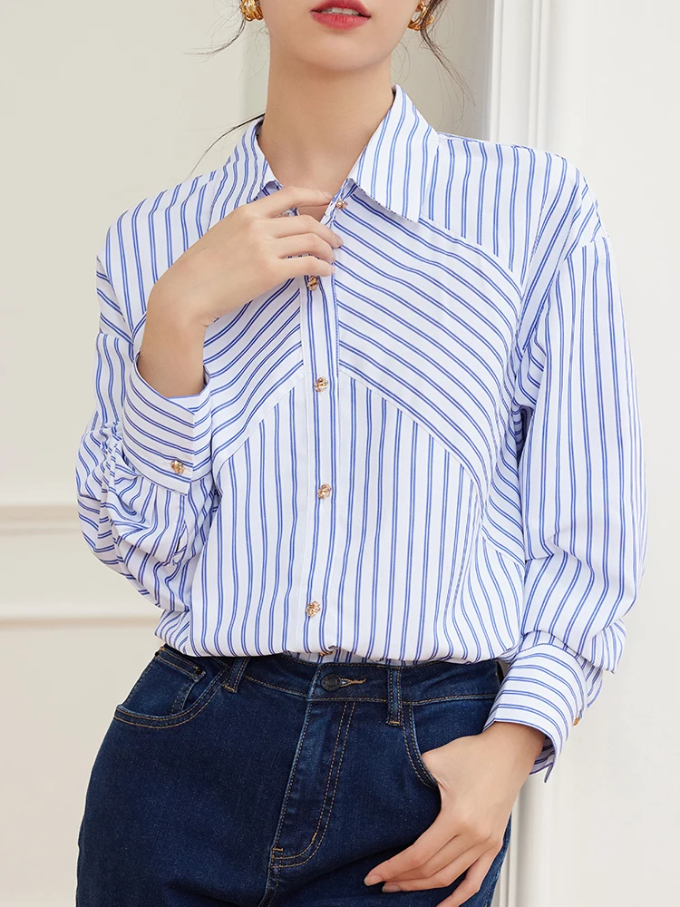 QOERLIN Womens Long Sleeve Button Up Blue Shirts Irregular Striped Blouse Loose Fit Casual Office Ladies Tops Office Ladies S-XL