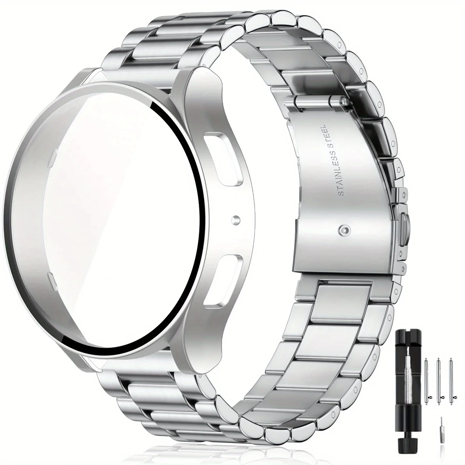 Premium Stainless Steel Watch Band with Tempered Glass Case Cover - Universal 44mm/40mm Replacement Strap