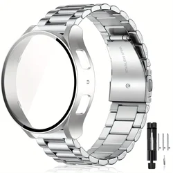 Premium Stainless Steel Watch Band with Tempered Glass Case Cover - Universal 44mm/40mm Replacement Strap - Galaxy Watch4 5 44mm (Silvery)