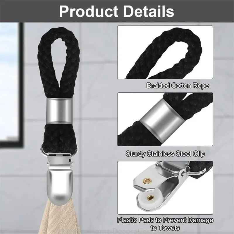 H7BF 10Pcs Towel Hangers Rack Braided Cotton Rings Metal Towel Clip Portable Traveling Clothespins Clip Hook Holder