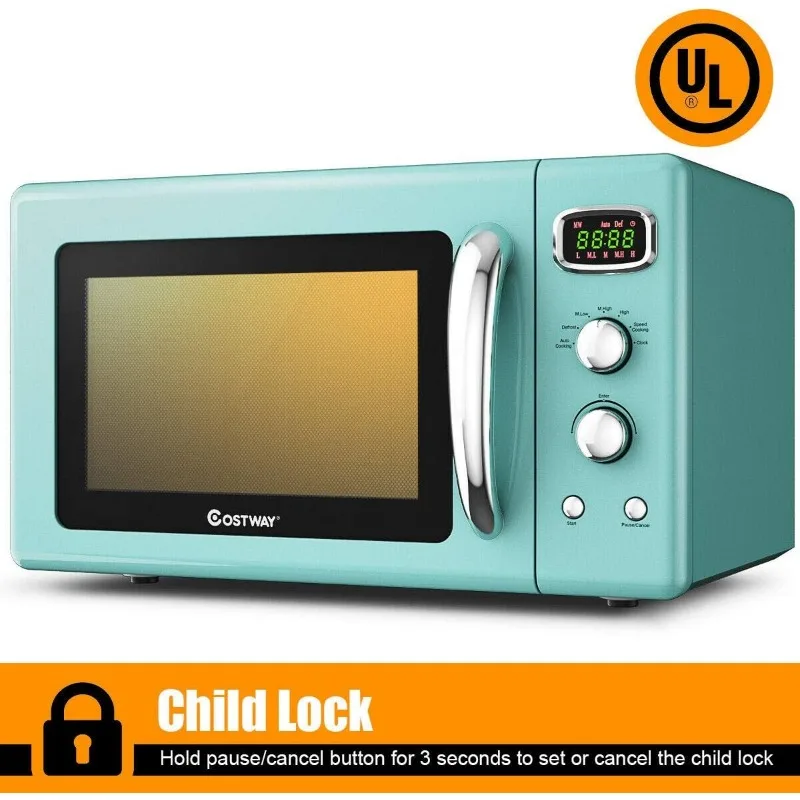 COSTWAY Retro Countertop Microwave Oven, 0.9Cu.ft, 900W Microwave Oven, with 5 Micro Power, Defrost & Auto Cooking Function 5