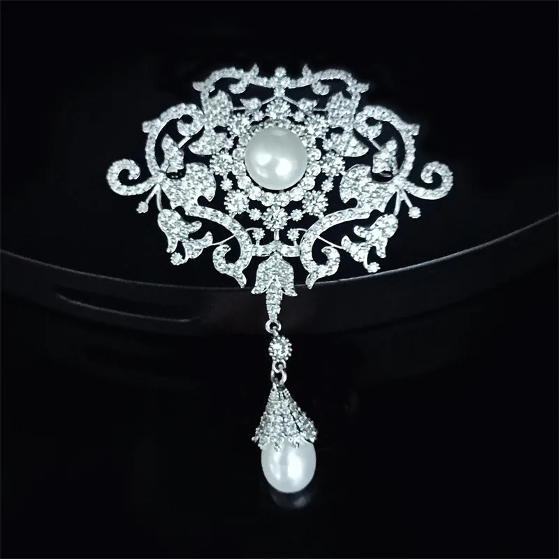 54*65mm White Pearl Cz Pave Flower Brooch