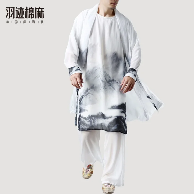 Chinese Style Printed Chiffon Cape Men's Sunscreen Men's Mid-length Summer Windbreaker Men's Thin Loose Antique Coat