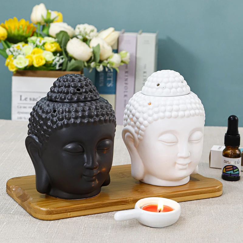 Portacandele a forma di testa di Buddha nero a forma di testa di olio essenziale bruciatore di incenso diffusore di candela per ornamento domestico