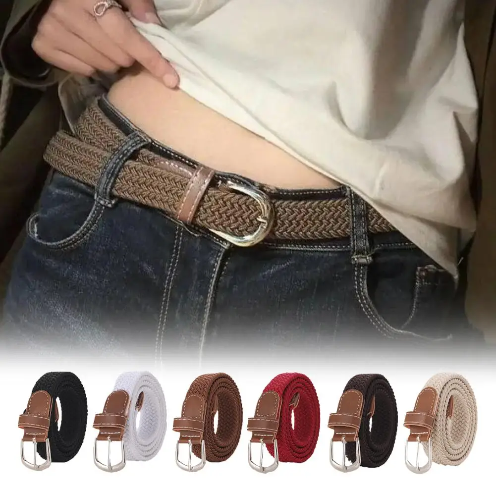 

120-130cm Casual Knitted Pin Buckle Men Belt Woven Canvas Elastic Expandable Braided Stretch Belts For Women Jeans Female B J1P7