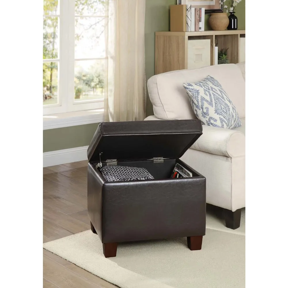 

Rectangular small stool, espresso artificial leather, solid wood legs, storage small footstool with foldable lid