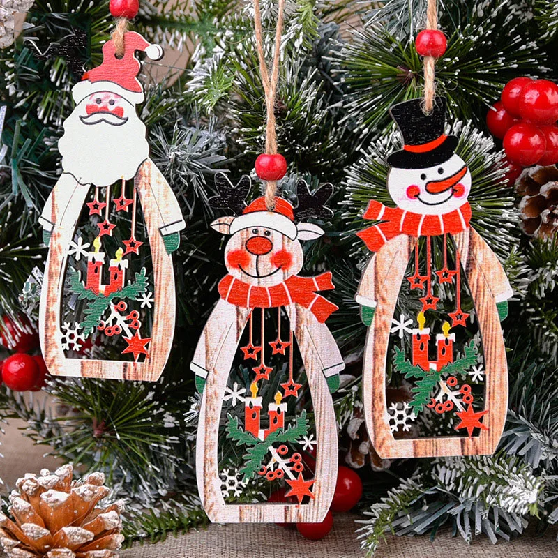 

Christmas Snowman Elk Pendant Wooden Santa Claus Pendant Openwork Candle Festival Gift Christmas Party Decoration Supplies