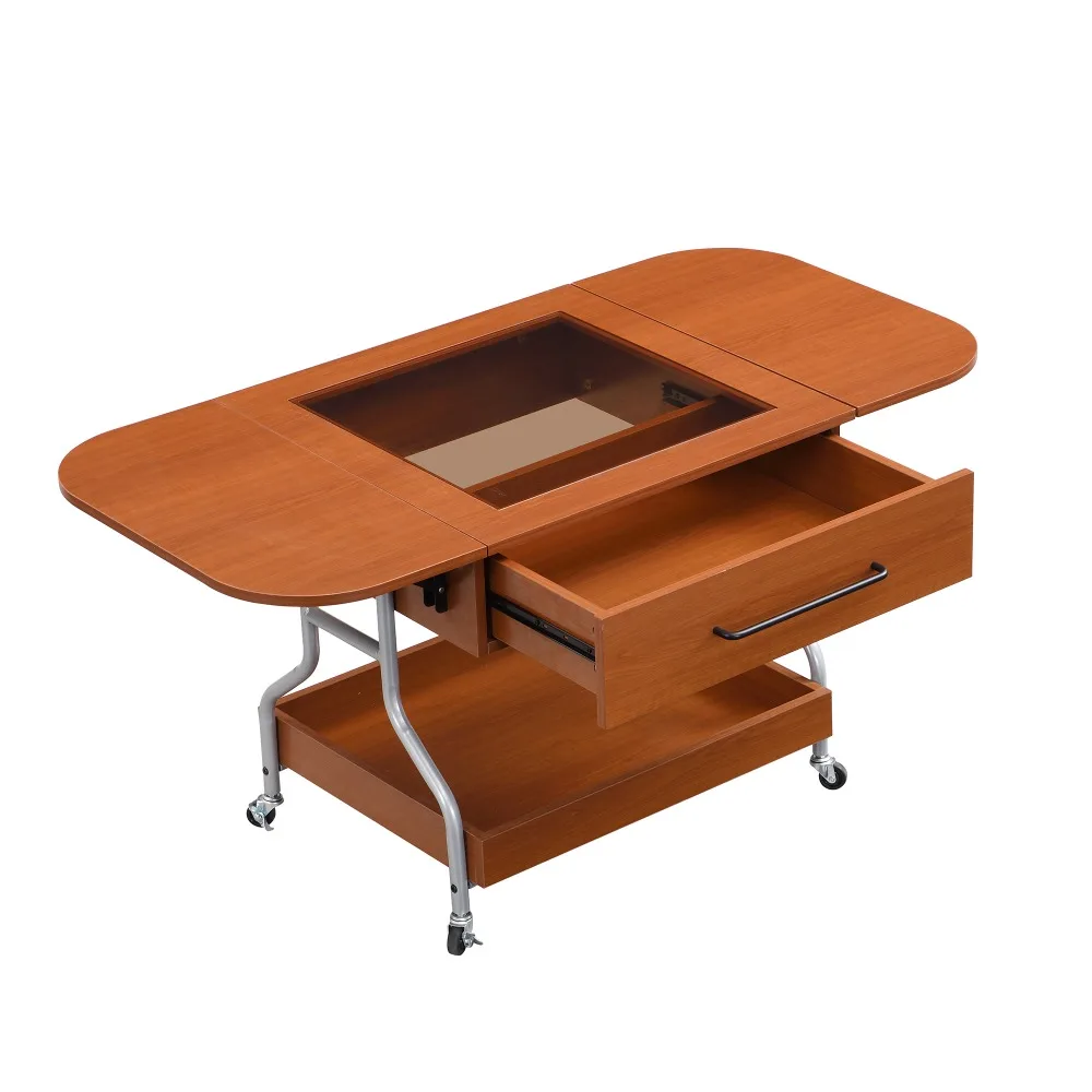 Modern Extended Coffee Table with Wheels, Folding Coffee Table with 1 Drawer and 2-Tier Storage, Metal Frame Coffee Table 4