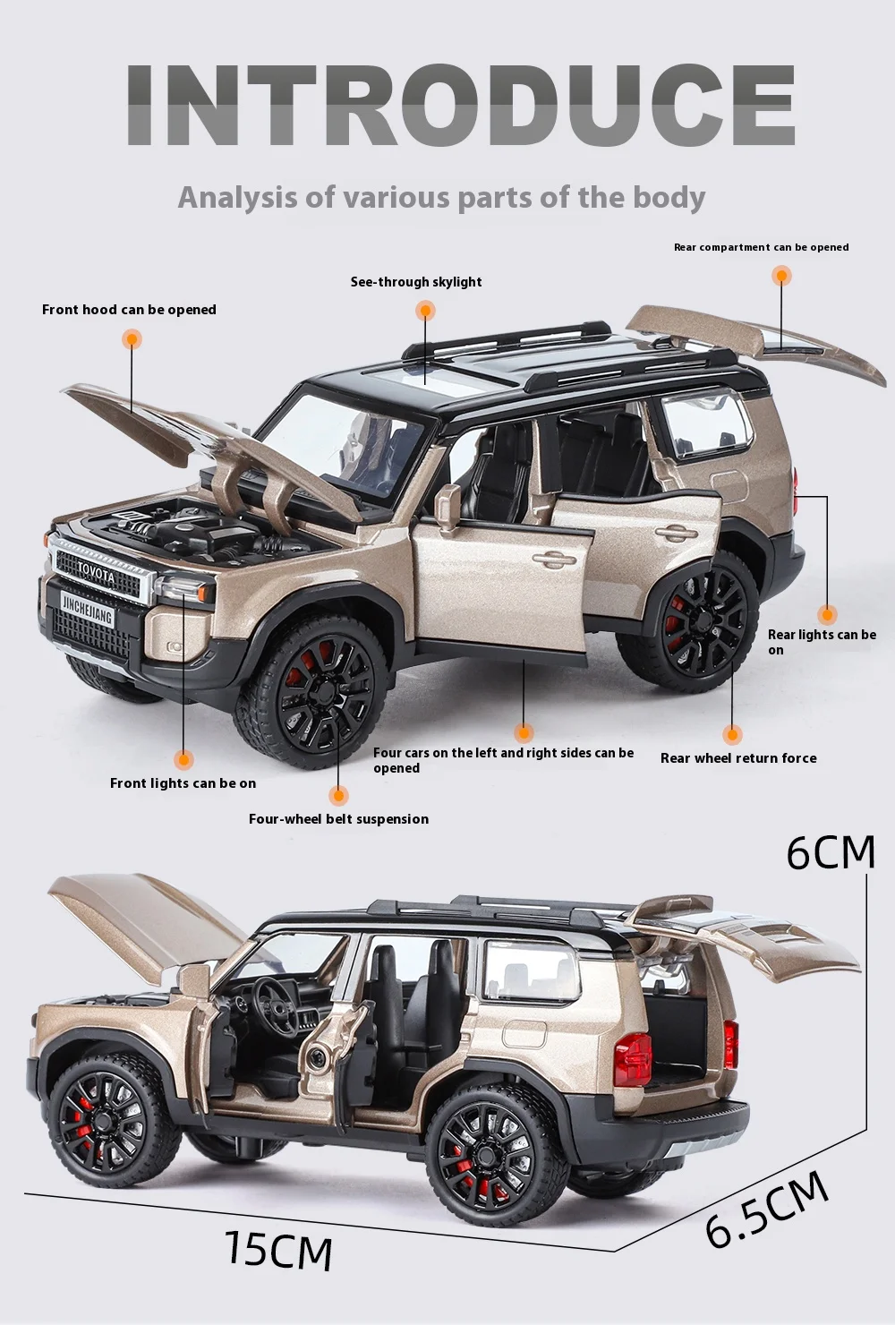 Legierung Druckguss 1:32 Prado Auto-Modell Spielzeug mit Rückziehfunktion, Sound und Licht Geländewagen Kindergeschenk 6 Türen zu Öffnen – Detail 3