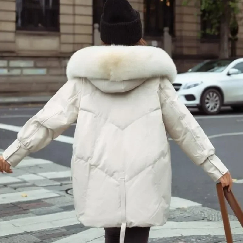 2024 New Women Down Jacket Winter Coat Female Mid Length Version Parkas Loose Slim Fit Thick Outwear Hooded Fur Collar Overcoat