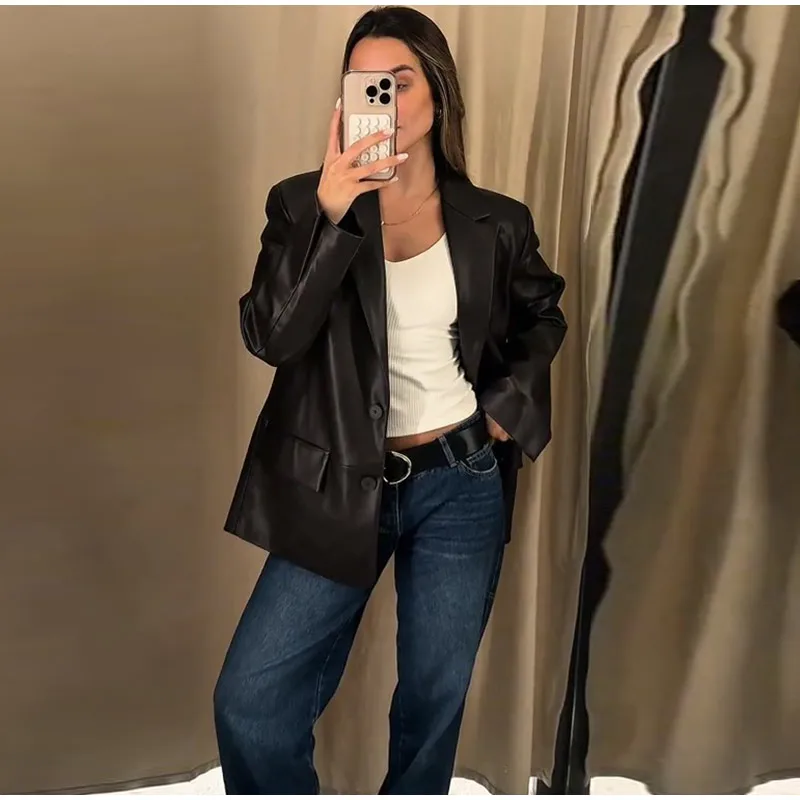 Mode Vintage Dunkelbraun PU Leder Blazer Frauen Revers Kragen Einreiher Taschen Mantel 2025, Herbst Casual Büro Oberbekleidung – Detail 9