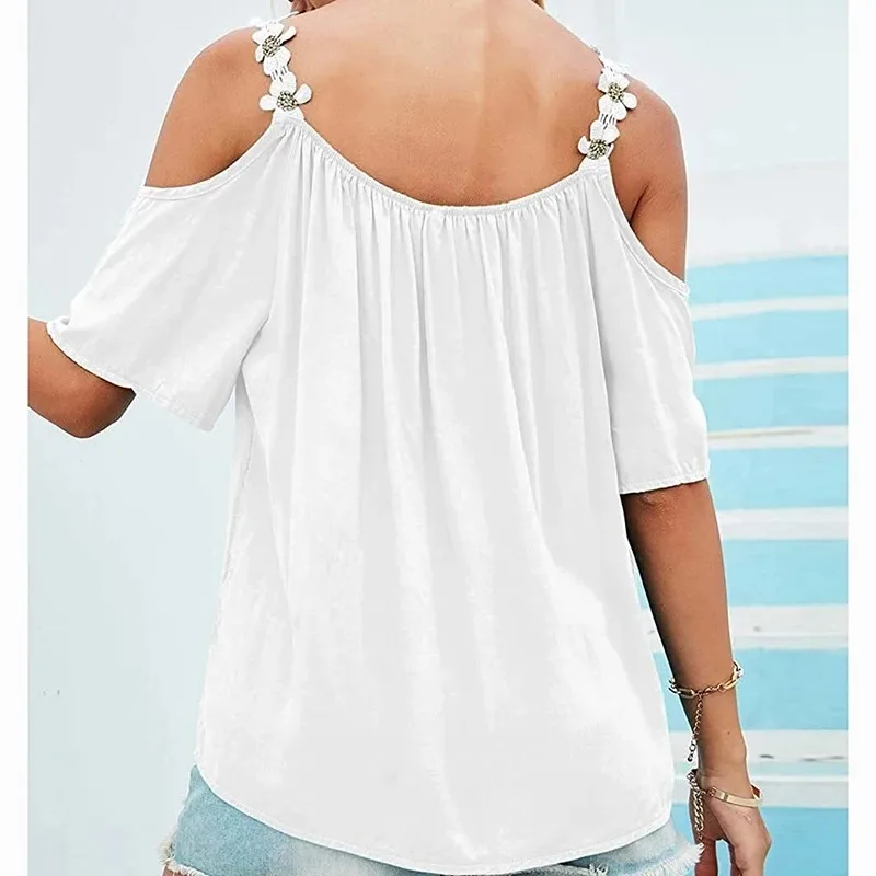 Women's Short Sleeve O-Neck Shirt Lace Blouse Sexy Off Shoulder Shirt Solid Tops Loose Clothes Summer 24933
