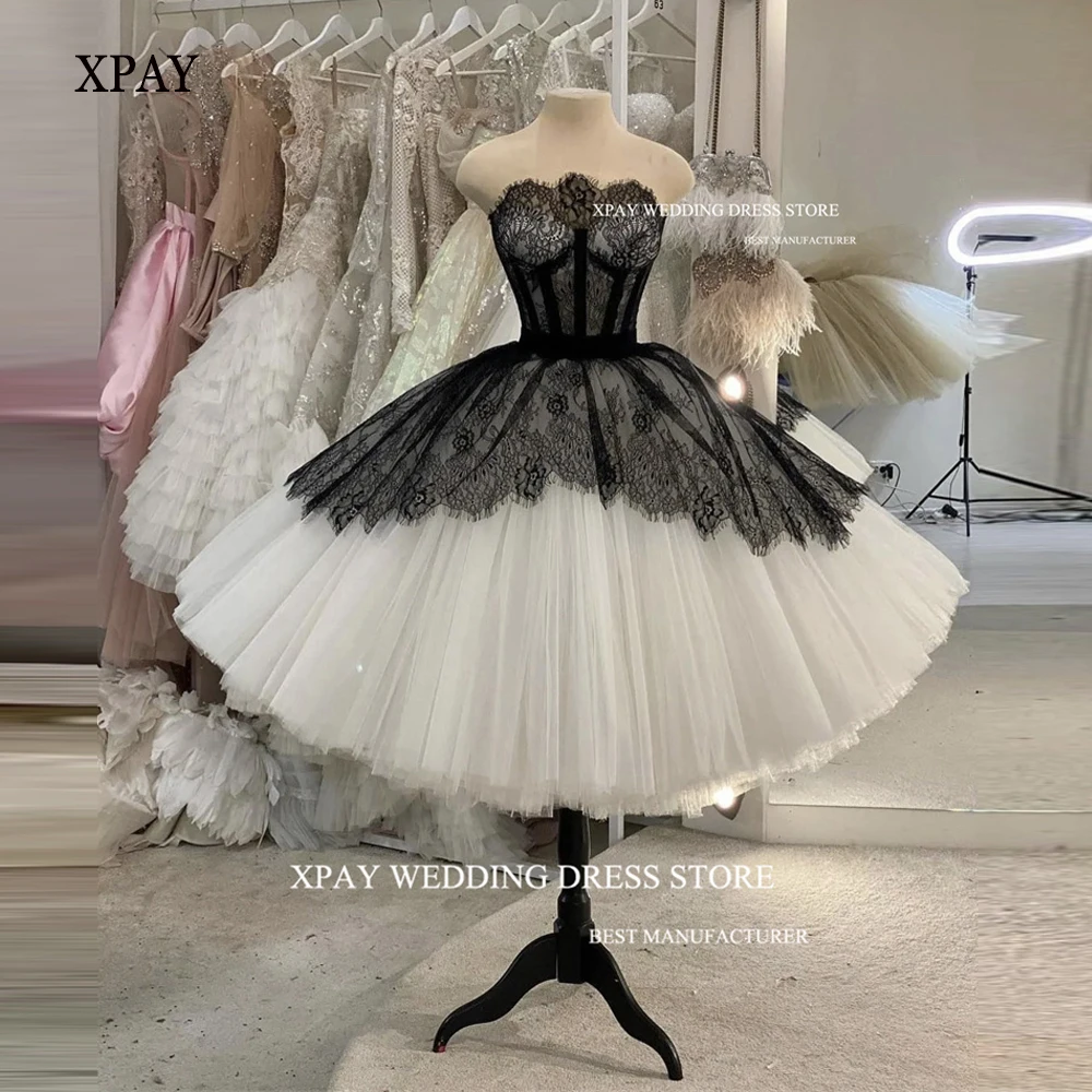 

XPAY Modern Black And White Ball Gown Prom Dresses Fluffy Skirt Lace Tulle Tea Length Formal Evening Party Gowns Corset Back