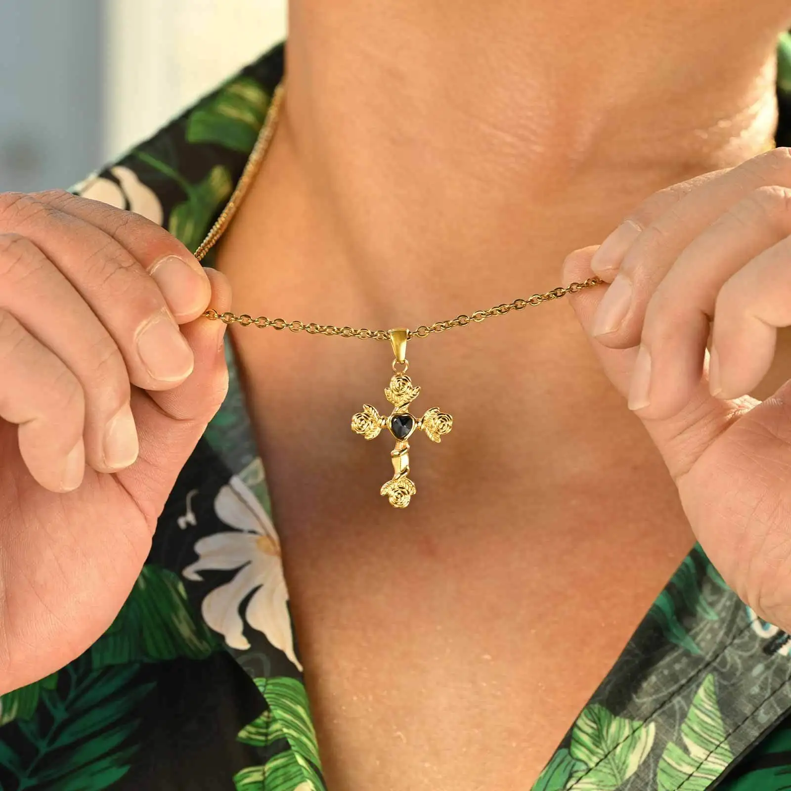 Gothic Rose Cross Necklace for Men Boys,Stainless Steel Blue Black Heart Zircon Pendant,Birthday Party Gift