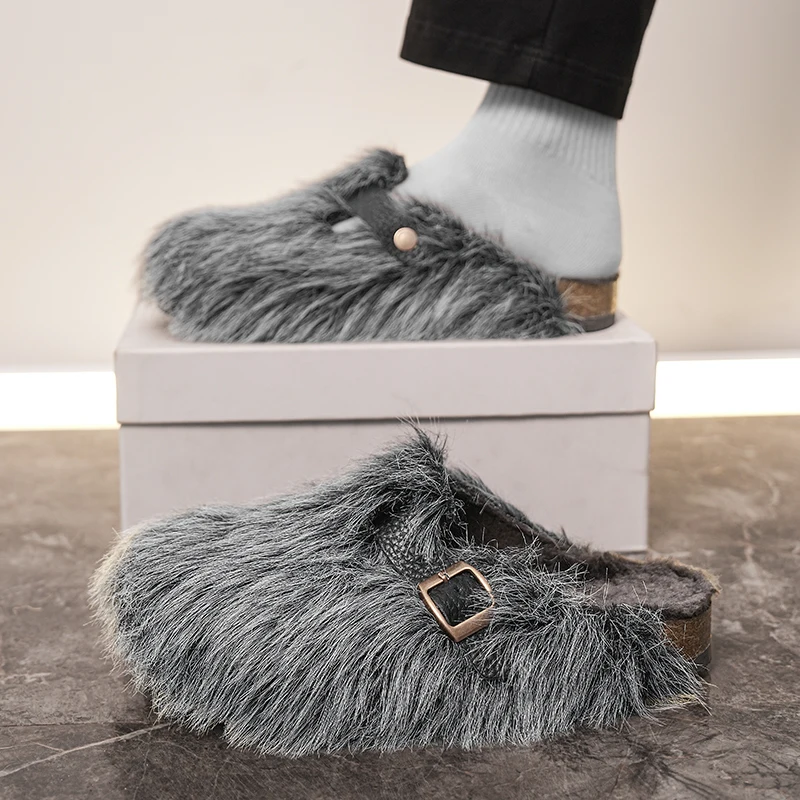 Men Thick Sole Non Slip Plush House Shoes Winter Warm Sports Fluffy Slippers Woman Fashion Faux Fur Platform Indoor Slippers