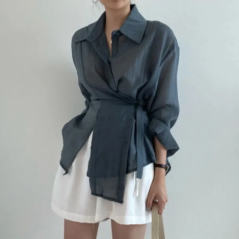 Women Long Sleeve Elegant Chic Solid Button Blouse