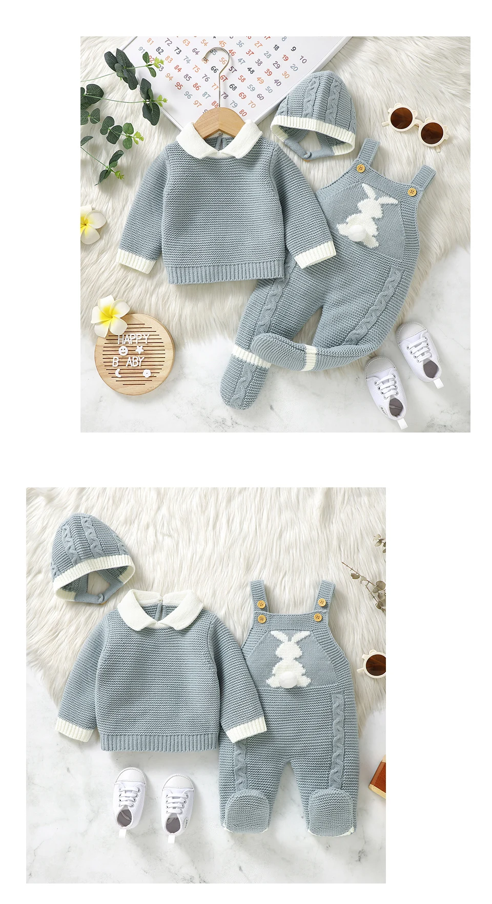 Baby-Kleidungssets, Winter, warm, gestrickt, 3-teilig, für Kleinkinder, Mädchen, Pullover, Pullover + Strampler + Mützen, Outfits, Sets, Herbst, Kleinkind-Jungenanzüge, 0–9 Monate – Detail 10