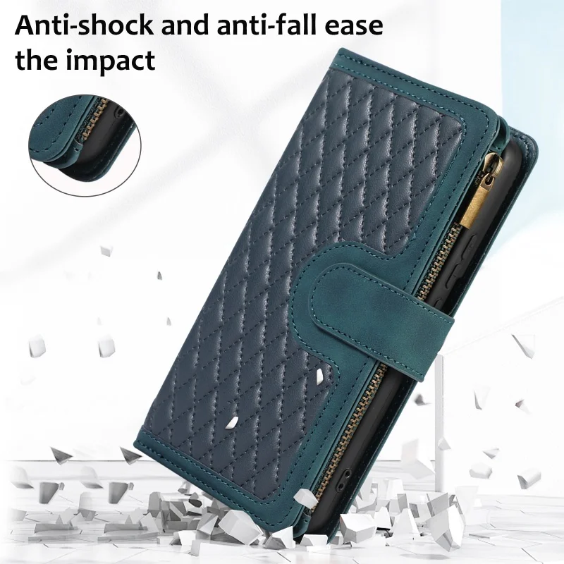 Luxury Zipper Leather Flip Wallet Phone Case with Lanyard and Card Holder
