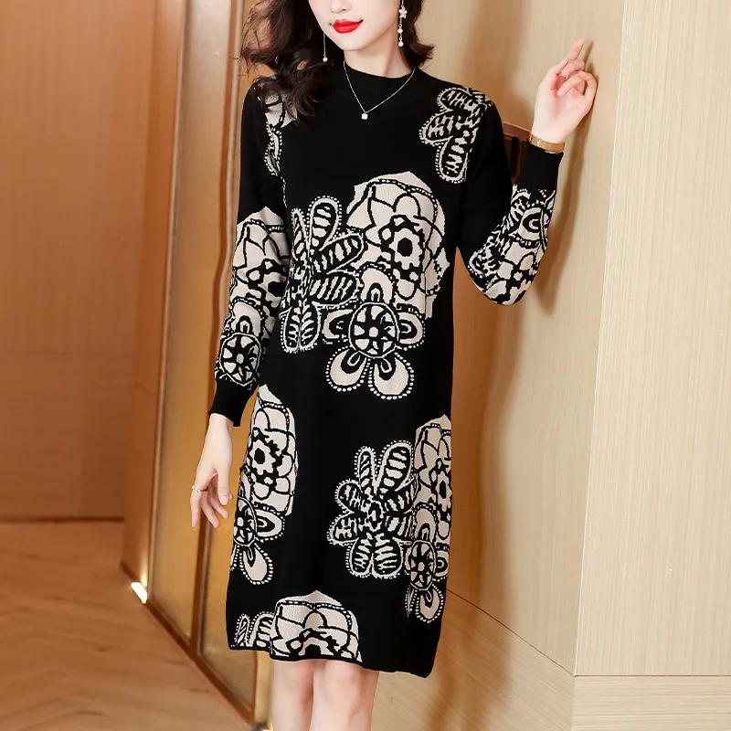 

Women Temperament Dignified Fashion Knitted Dress Spring Tunics Vintage Casual Loose Soft Elegant Dresses