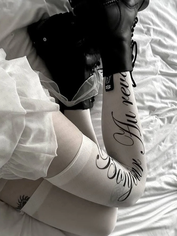 화이트 고딕 레트로 레터 프린트 롱삭스 하라주쿠 슬림핏 니하이삭스 Y2K 스타일 코스프레 귀여운 이모 패션 양말 카와이 - AliExpress