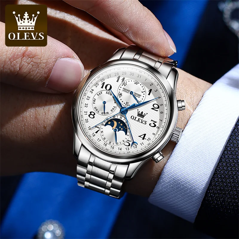 OLEVS Top Brand Sports Men Mechanical Wristwatch Moon Phase Waterproof Automatic Watch New Stainless Steel Watches Men 6667