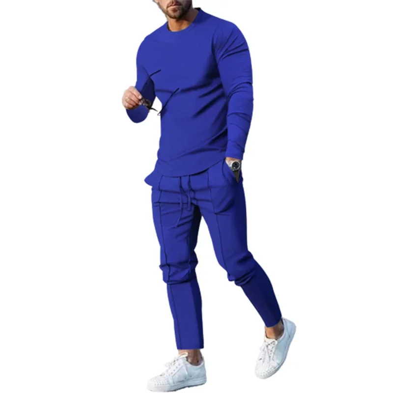 Spring Autumn Men Sports Suits Slim Fit Elasticated Waist Casual Long Pants O Neck Pullover Male Tops Solid Color Two-piece Set