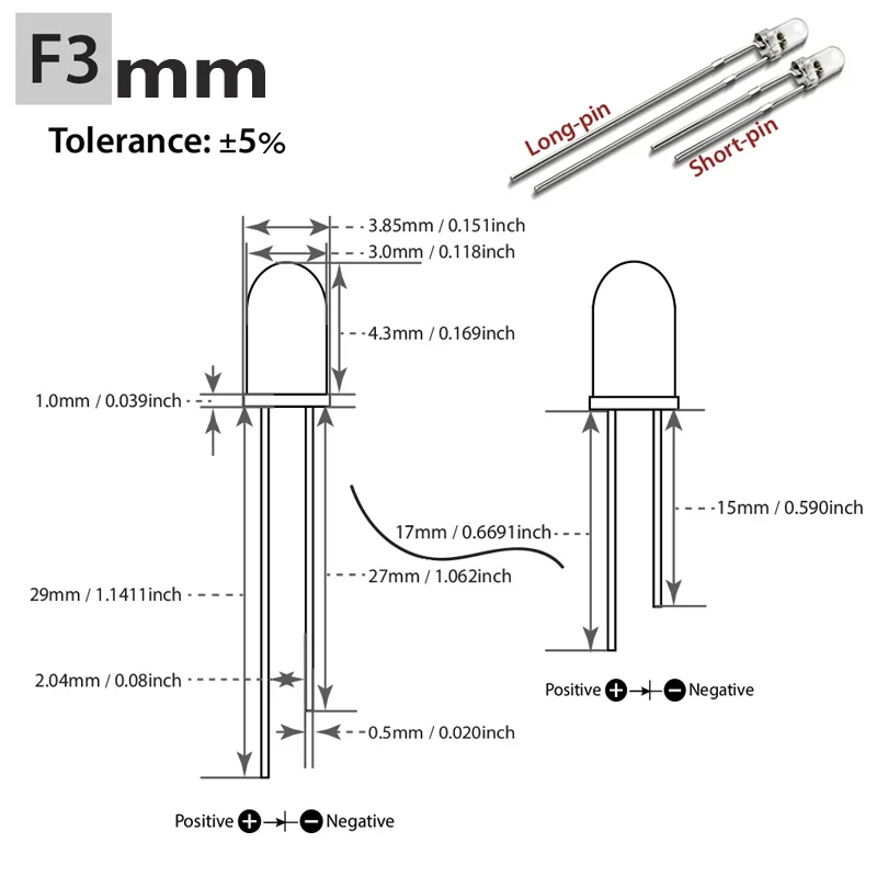 Description Picture 3 of item100pcs DIP LED 5mm Diode light DIY White Yellow Red Blue Green Round Water Clear 3mm Light Emitting Diodes Lamp F5 Beads
