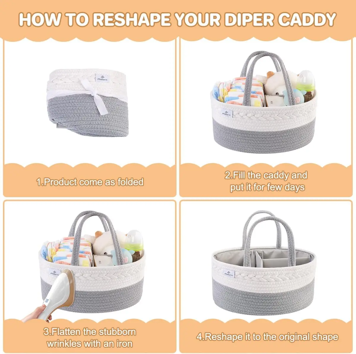 Diaper Caddy Organizer, Cotton Rope Diaper Caddy Basket, Woven Diaper Caddy with Dividers, Nursery Storage Basket