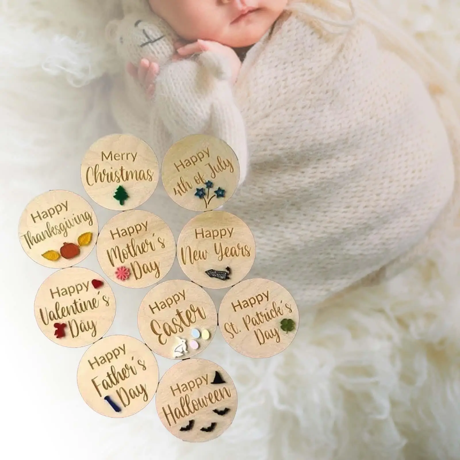 Photography Prop Card Wooden Circles 10 Pieces Wooden Baby Milestone Card Monthly Milestone Card for Boy Girl Newborn Baby