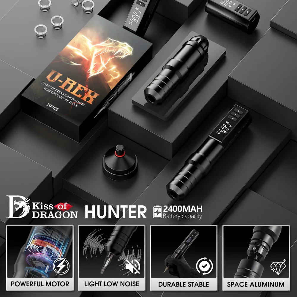 Kiss of Dragon-Hunter Complete Wireless Tattoo Machine Kit Professional Pen with Coreless Motor Rotary Gun For Tattoo Artist