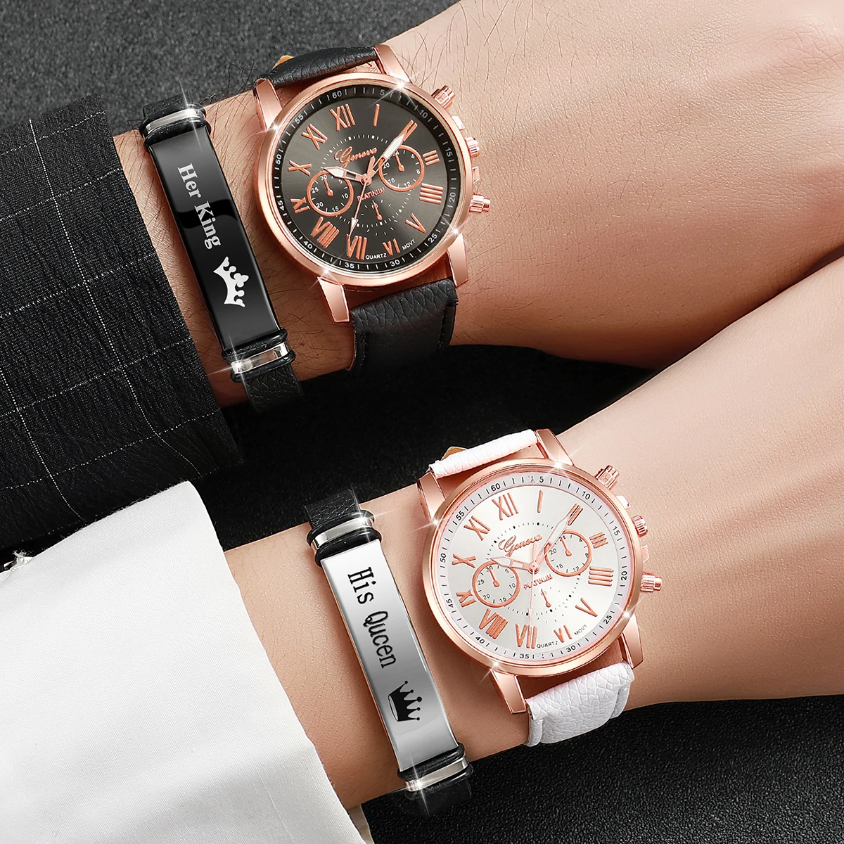 4PCS/Set Fashion Women's Watch Roman Dial Couple Simple Leather Strap Quartz Watch with Crown Bracelet Set