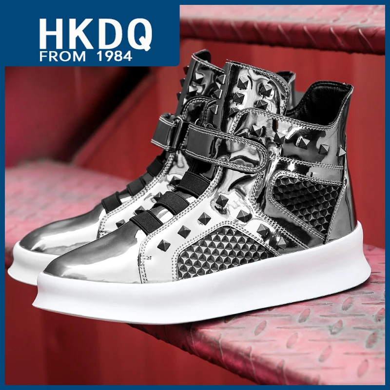 

HKDQ Luxury Patent Leather Casual Sports Shoes Men Fashion Rivet High Top Male Skateboard Shoes Platform Hip-hop Men's Sneakers