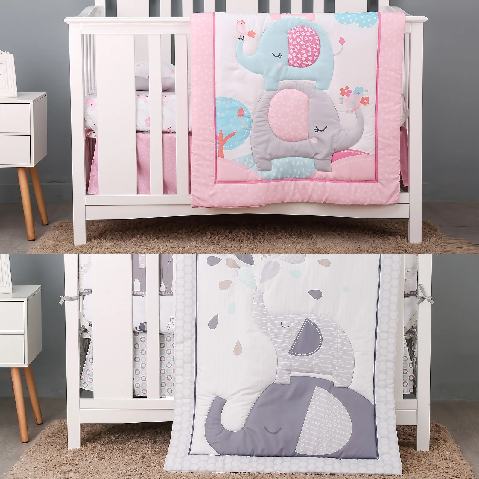 3Pcs Baby Bedding Set Elephants Theme Crib Bedding Set Including Crib Quilt Bed Sheet Bed Skirt For Boys And Girls Sleeping Gift