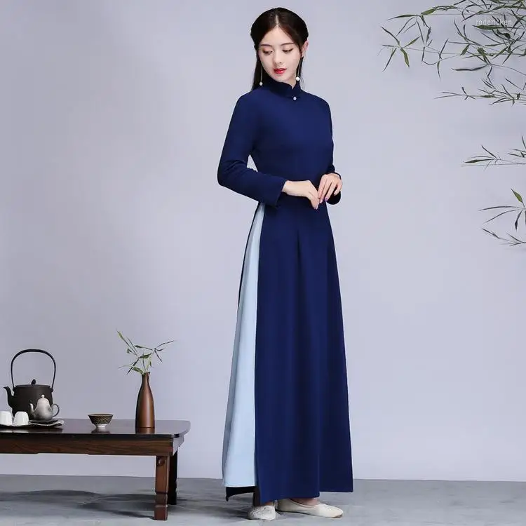 

Oriental Ao Dai Vietnam Traditional Dress Women Improve Chinese Style Stand Collar Hand Buttons Slim Cheongsam Ethnic Clothing