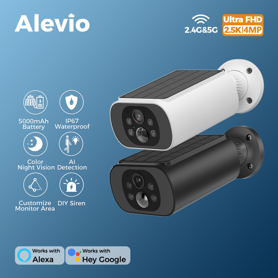  ALEVIO 2.5K Outdoor Solar Camera Wireless Cam WIFI Ultra Standby Time PIR Motion Light Color Night Vision AI Detect Battery Cam 