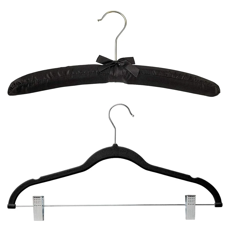 

10 Pack Clothes Hangers With Clips Black Velvet Hangers & 12Pcs 15Inch Large Satin Padded Hangers With Gold Hooks