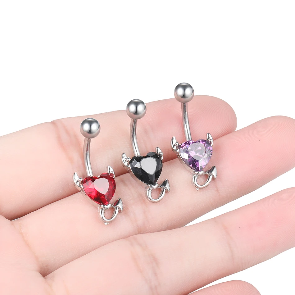 Stainless Steel Heart Belly Button Ring Women Sexy Purple Red Zircon Demon Devil Navel Piercing Dangle Earring Body Jewelry 1PC
