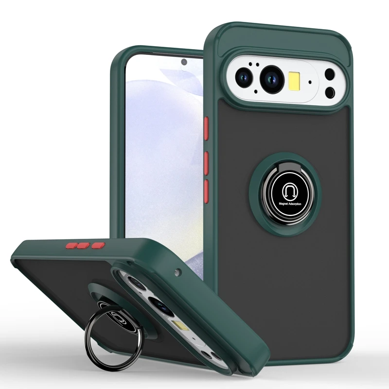 Armor Shockproof Magnetic Phone Case with Ring Holder - Matte Finish & Camera Lens Protection