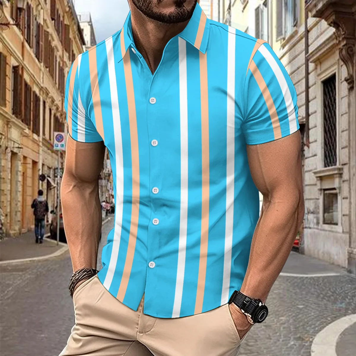 

2024 Europe and the United States cross-border fashion casual breathable striped color short-sleeved shirt button lapel