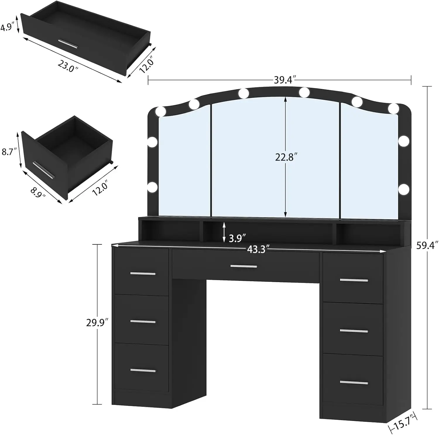 43.3" Vanity Desk with Large Lighted Mirror Makeup Vanity Table with 7 Drawers & 10 Lights Bulbs 3 Lighting Colors Make Vanity