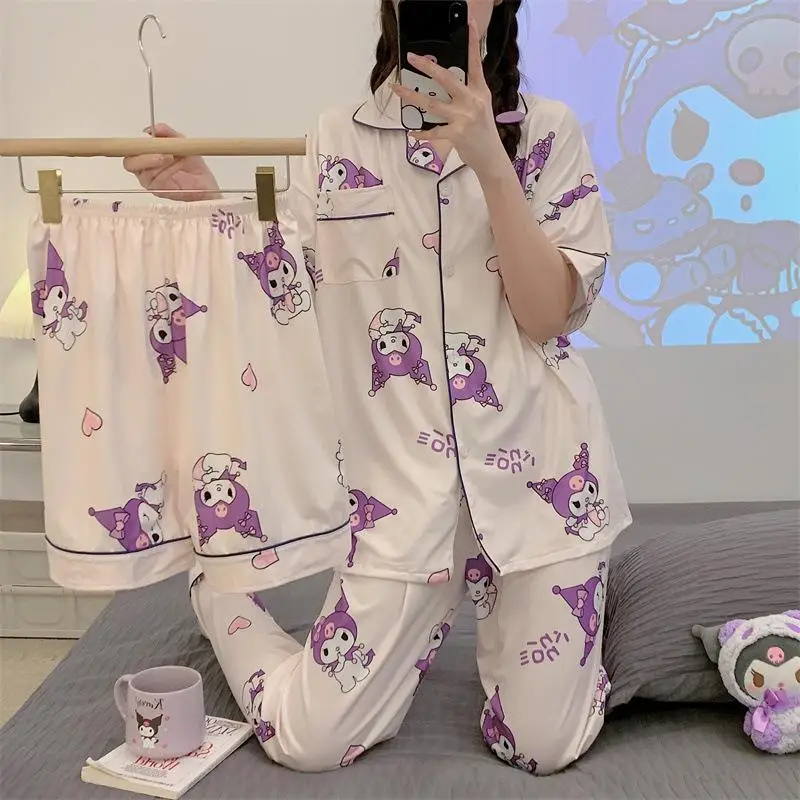 

Kawaii Sanrio/пижама из 3 предметов; Домашняя одежда с героями мультфильмов «My Melody»; Летние кардиган с коротким рукавом Брюки; Милый koomi Cinnamoroll; Подарок для девочек