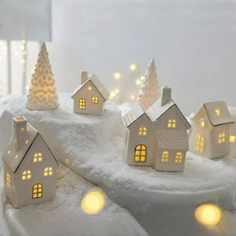 WhiteCeramicHouseOrnamentChristmasGlowingSnowBuildingSculpture