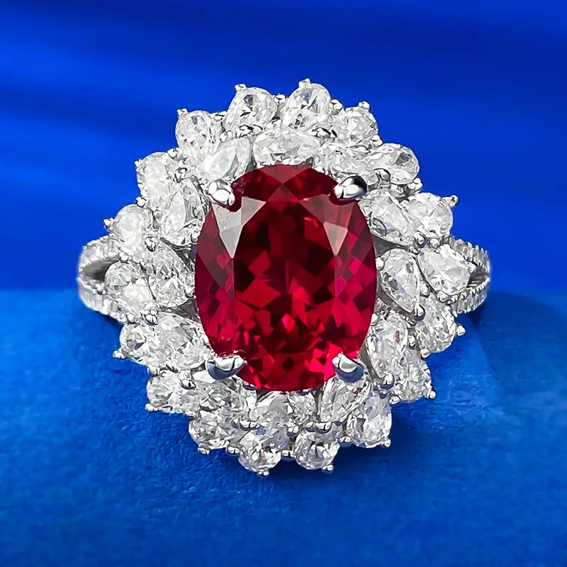 New S925 Silver Pigeon Blood Red Diamond 8 * 10 Oval Ring Group Floral Cluster Wedding Ring