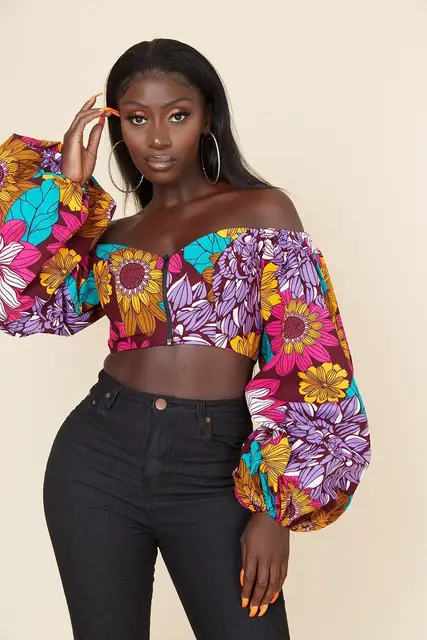 Adaeze Print Lantern Sleeve Crop Top - Image 2
