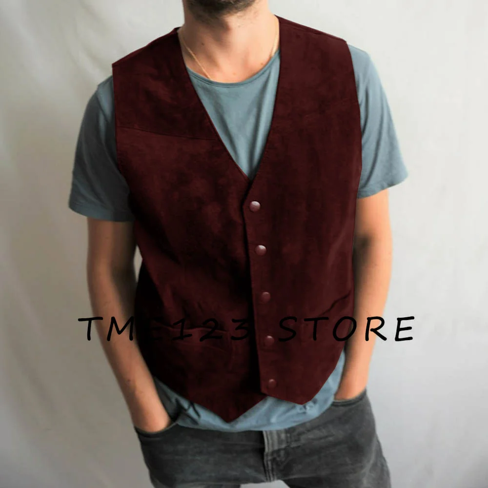 Men's Suede Casual V-Neck Single Breasted Vest Steampunk Wang Male Clothes Cufflinks Suit Jackets Elegant Suits Vests Formal Man