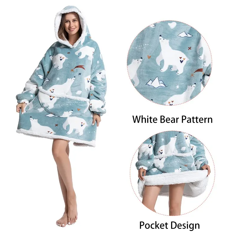 Hoodie Wearable Oversized Hoodie Cobertor Sherpa De Flanela Quente Para O Inverno Quente Com Mangas Moletom Gigante