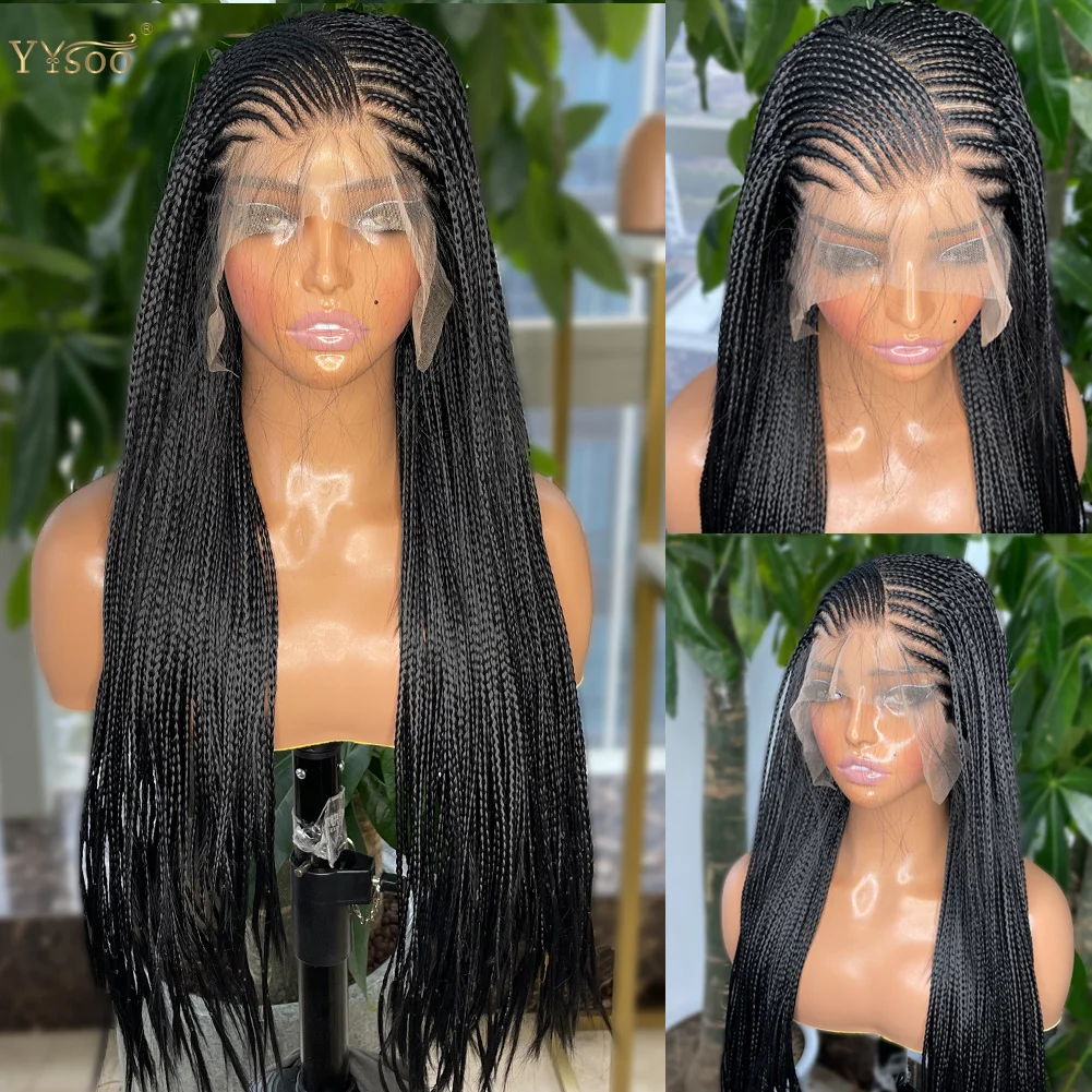Long Side Part Black Micro Braided 13x6 Synthetic Lace Front Wigs for Black Women Full Hand Tied Box Braided Lace Front Wig