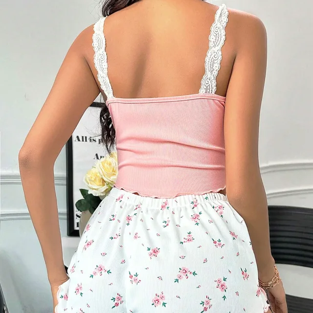 2025 women's sexy lace lace camisole vest shorts sleepwear women's slim fit two-piece home outfit new product pink coffee blue 2