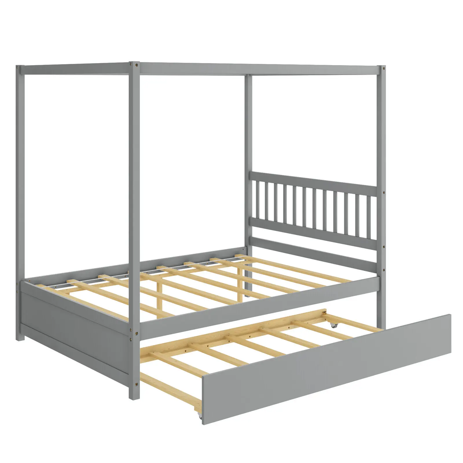 

Costway Full Size Canopy Bed with Trundle Wooden Platform Bed Frame Headboard Grey